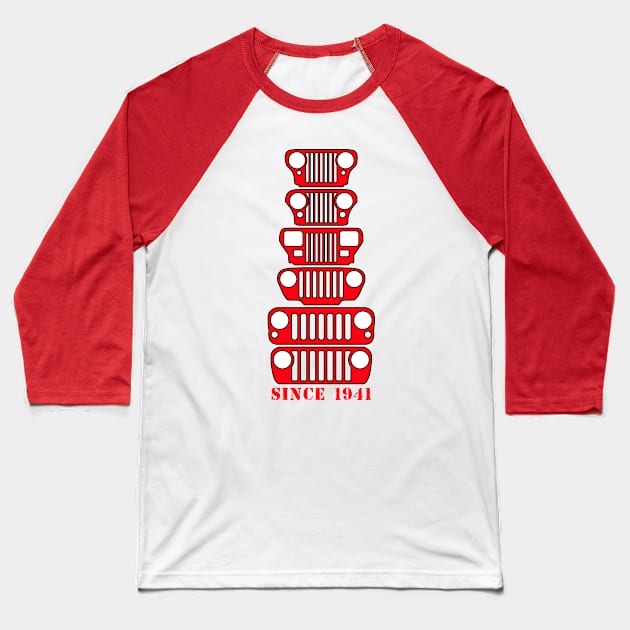 Jeep Grills Red Logo Baseball T-Shirt by Caloosa Jeepers 